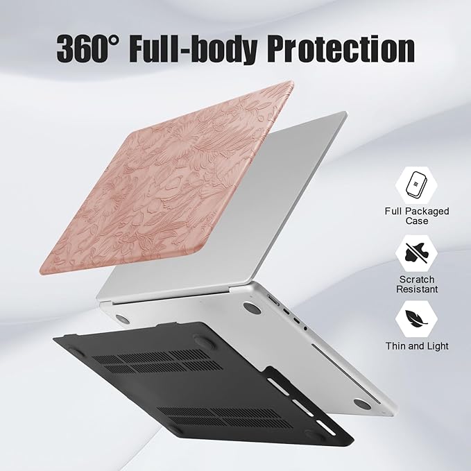 DTangLsm for MacBook Pro 16 inch Case 2025 2024-2021 M4 M3 M2 M1 A3403 A3186 A2991 A2780 A2485 Pro/Max, Elegant Texture Retro Leather Hard Shell Case+Keyboard Cover for Mac Pro 16,Embossed Floral Pink