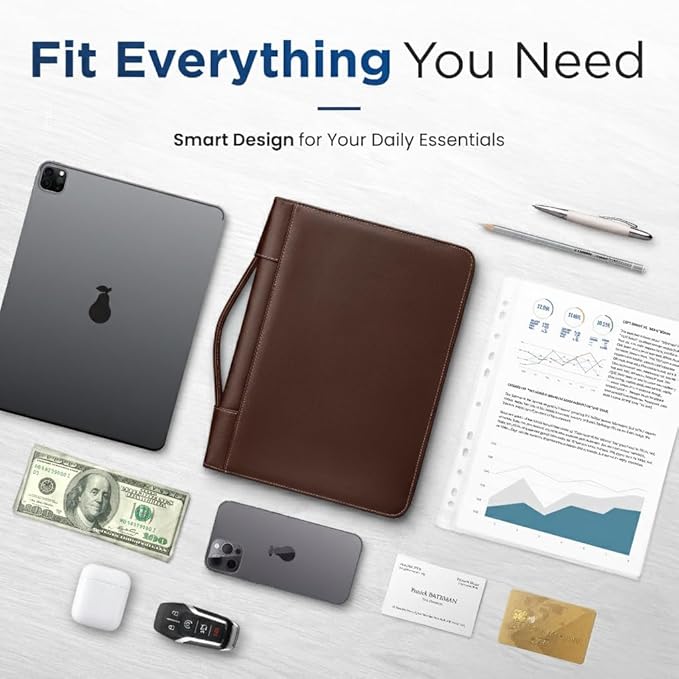 STYLIO Walnut Zipper Portfolio Binder w/Carrying Handle | Removable 3-Ring Binder (1") w/Clipboard Padfolio | Organizer for Documents, iPad, Tablet, Notebook | Business Leather Folder for Men Women