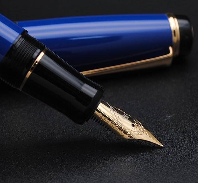 Metal Big Fountain Pen Set Medium Nib 0.7mm, Includes Ink Refill Converter, 5 Ink Cartridges & Gift Box (Medium Nib 0.7mm, Blue)