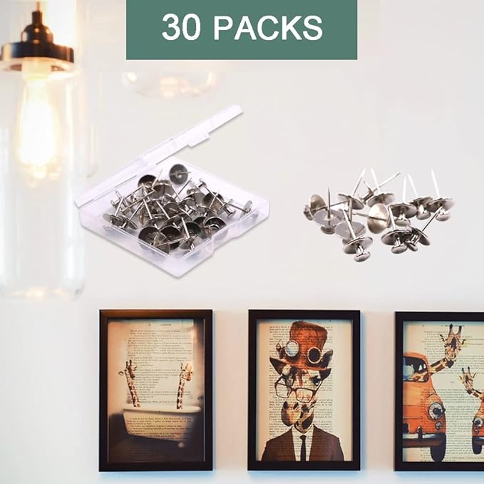 30 PCS Picture Hanger Nails, Double Headed Push Pins Hooks Thumbtacks for Wall Hangings Picture, Decorative Small Hook Pins for Drywall Cork Board Home Office Photo Decorations (Silver)