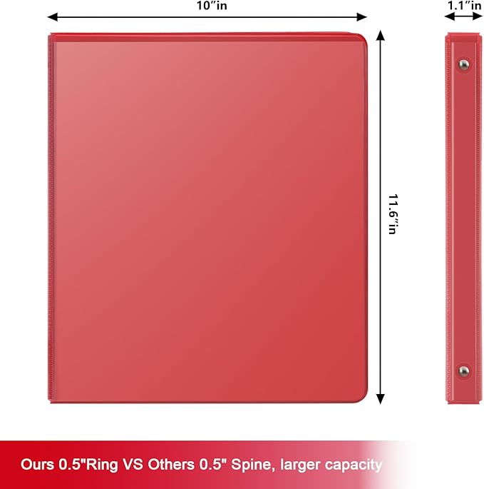 COMIX 3 Ring Binder 1/2 inch with Clear View Cover, 0.5" View Binder Holds 200 Sheets of US Letter Size Paper, 6 Pack (Red)