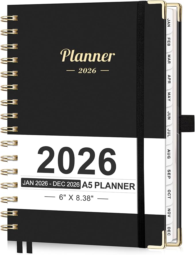AHGXG 2026 Planner, Weekly and Monthly, 2026 Calendar, Jan 2026 - Dec 2026, Hardcover with Monthly Tabs, 100 GSM Thick Paper, for Women School Home Office Supplies, 6" X 8.38", Black
