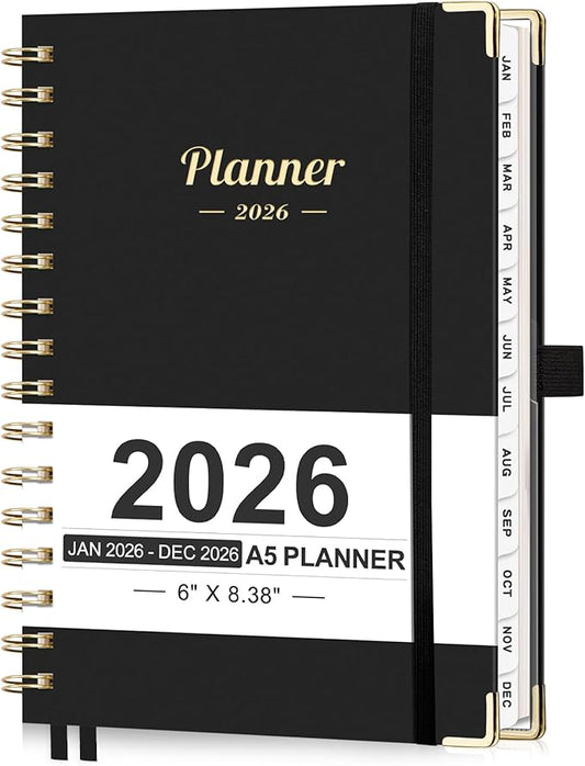 AHGXG 2026 Planner, Weekly and Monthly, 2026 Calendar, Jan 2026 - Dec 2026, Hardcover with Monthly Tabs, 100 GSM Thick Paper, for Women School Home Office Supplies, 6" X 8.38", Black