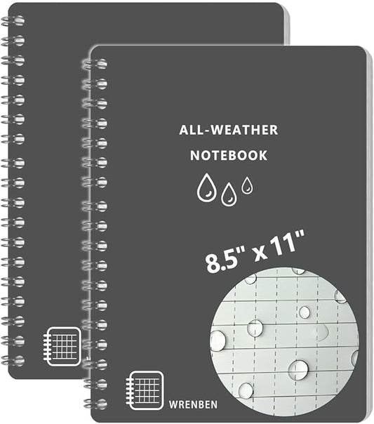 2PCS Waterproof Stone Paper Spiral Notebooks 8.5 x11 with Weatherproof 200 Pages / 100 Sheets and All-Weather PVC Cover Weatherproof Pape Per One (A4, Grey)