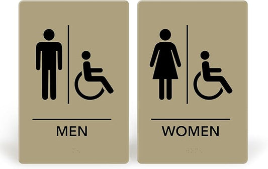 Promot Men and Women Handicap Restroom Sign – ADA Braille Bathroom Sign for Business, Self-Adhesive, 9" x 6", Commercial Door Signage, Office Wall Decor - Taupe