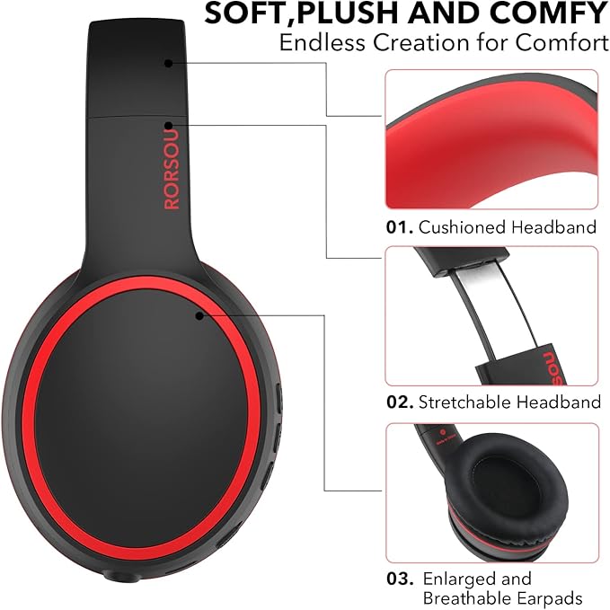 RORSOU B10 Bluetooth Headphones Over Ear, 2 EQ Music Modes(Normal/Bass) and 50H Playtime Wireless Headphones with Mic, Lightweight Folding HiFi Stereo Headset for iPad/Travel/Tablet/PC/Home (Black)