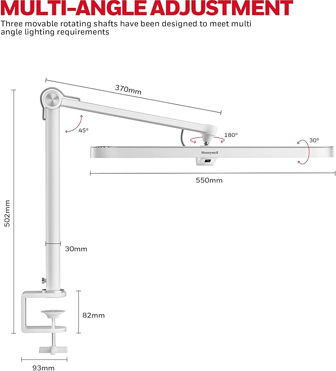 Honeywell LED Desk Lamp with Clamp - 05B02 Sunturalux Clip On Desk Light Eye Caring Natural Light 4000K 1300LM Stepless Brightness Dimmable Table Lamp Full Metal Desk Lamps for Home Office Work Study