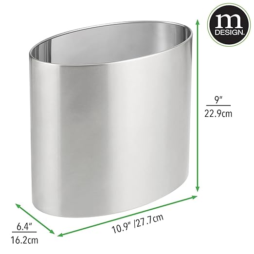 mDesign Stainless Steel Metal Oval Trash Can, 7.9 Liter/2.09 Gallon Wastebasket, Garbage Basket Bin for Bathroom, Bedroom, Kitchen, Office, Holds Waste and Recycle, Mirri Collection, Brushed/Chrome
