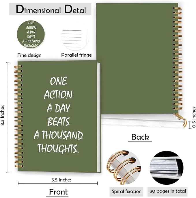 Green Inspirational Notebook, Motivational Journal, Positive Affirmation Journal for Women, One Action a Day Beats a Thousand Thoughts Hardcover Spiral Notebook, 5.5x8.3 Inch