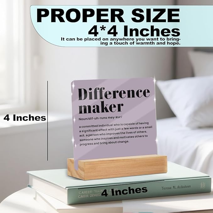 Difference Maker Definition Office Decor, Thank You Gifts for Women Men Friends, Inspirational Gifts for Coworker, Motivational Quote Acrylic Sign With Wooden Stand Home Office Desk Decor