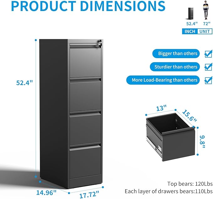Metal File Cabinet 4 Drawers, Vertical Filing Cabinet for Home Office, File Cabinets with Lock for Legal Letter Size Hanging File Folders Storage Cabinet, (Black)