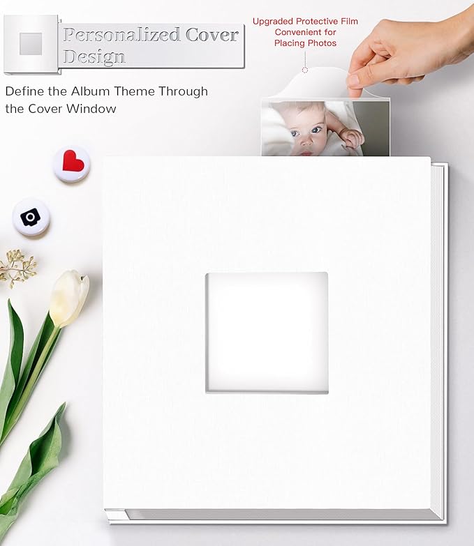 Photo Album Self Adhesive Scrapbook Album for 3x5 4x6 5x7 8x10 Pictures, 60 Pages Linen Cover with Display Window DIY Photo Book,Ideal Gifts for Family Travel Wedding Baby