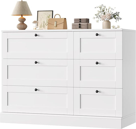 HOSTACK 6 Drawer Dresser, White Dresser for Bedroom, Wood Wide Chest of Drawers, Modern Drawer Chest for Living Room, Entryway, Hallway, White