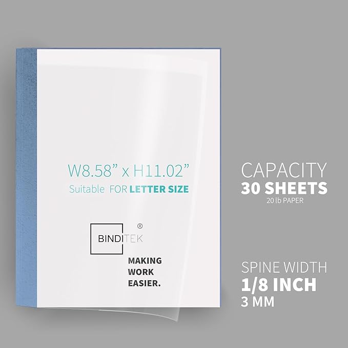 Binditek 10 Pack Thermal Binding Presentation Covers, 1/8 Inch Spine, Holds 30 Sheets, Ultra Clear Front Cover, Blue Paper Back Cover, Letter Size, for Students and Coworkers