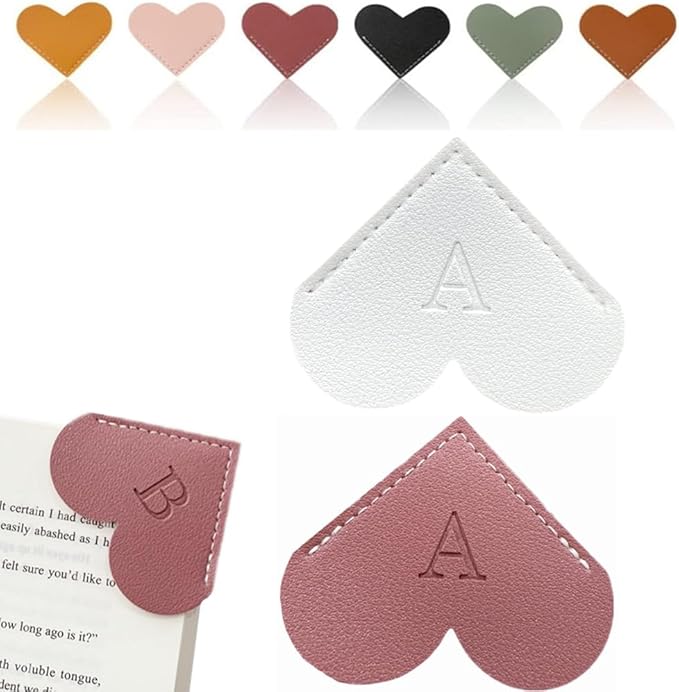 Personalized Leather Heart Bookmark, 26 Letters Customized Corner Book Mark for Reading, Book Holder Markers with Initials Page Book Accessories Cute Gifts (White+Deep Pink, A)