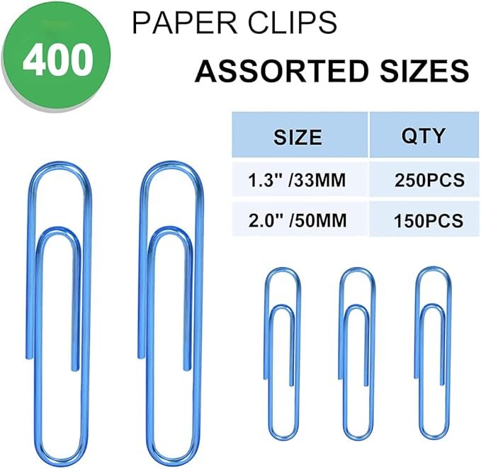 Vinaco Blue Paper Clips, 400PCS Assorted Sizes, 1.3" & 2" Paper Clips, Durable & Rustproof, Coated, Great for Office & School