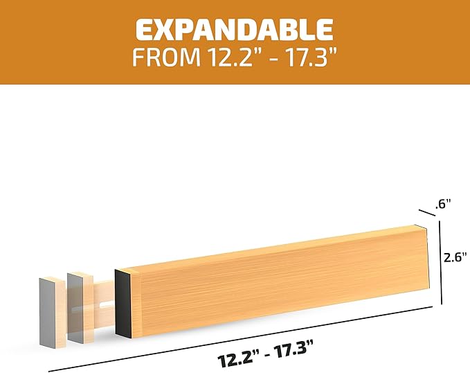 Bambüsi 4 Pack Drawer Divider - Bamboo 2.6" High, 12.5-17" Adjustable Drawer Organizers for Clothes, Expandable Dresser Separators in Bedroom/Bathroom/Kitchen/Office Organization and Storage