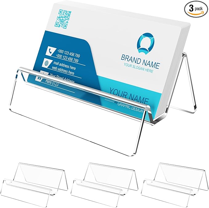 Acrylic Business Card Holder for Desk & Counter, Business Card Holder Display, Clear Business Card Stand, Business Cards Holder Stand, Desktop Plastic Name Card Organizer, 3 Pack