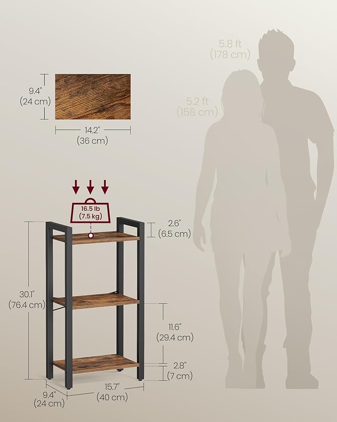 VASAGLE 3-Tier Bookshelf, Bookcase with Steel Frame, Book Shelf for Living Room, Home Office, Study, 9.4 x 15.7 x 30.1 Inches, Industrial Style, Rustic Brown and Ink Black ULLS098K02