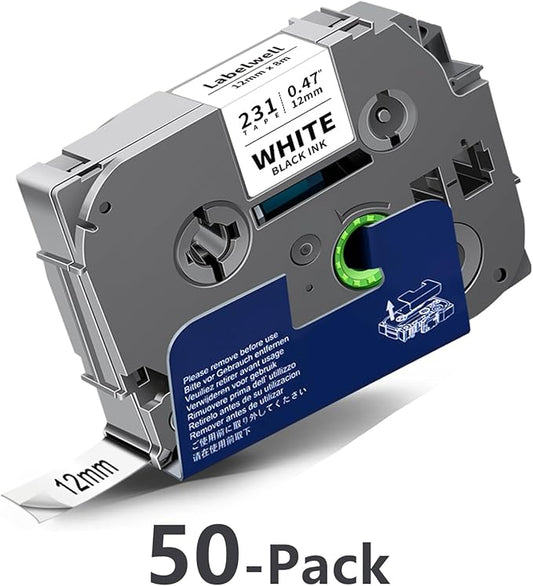 50-Pack TZe TZ Tape 12mm 0.47 Inch Laminated Black on White 1/2" Compatible for P Touch Label Tape Refills for Ptouch PT-P710BT H110 D210 D220 D400 D600 PTH110 Label Maker