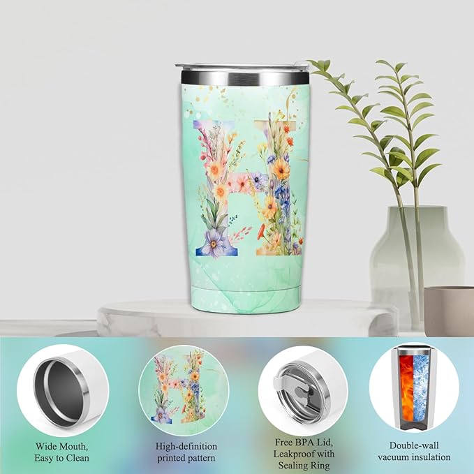 Personalized Gifts Monogrammed Birthday Gifts for Women, Bridesmaid Bachelorette Party Christmas Initial 20 oz Tumbler, Makeup Bag Cup Ballpoint Pens Journal Notebook 6 Set, (Aesthetic Green Flower H)