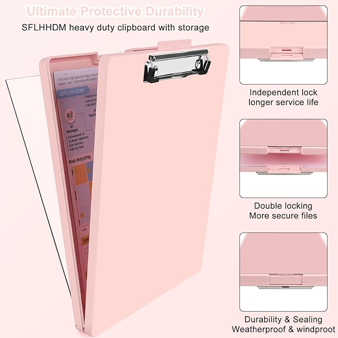 Clipboard with Storage,Three-Tier Box Clipboards(Letter Size),Storage Clipboard with Clip Form Holder Clipboards,Dry Erase Clip Boards 8.5x11 with Storage for Office School Supplies Clip Board-Pink