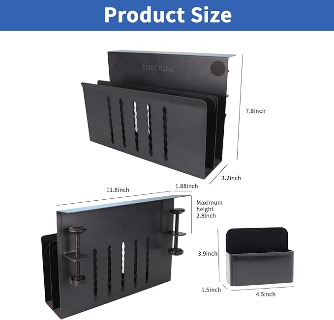 LUKETURE Desk Side Storage, 2 Tier Steel Hanging Organizer, No Drill Side Desk Organizer, Laptop Holder, with Pen Holder, Hanging Table Storage for Office Home, Fits Flat Edge Tables 0.3" to 2.8"