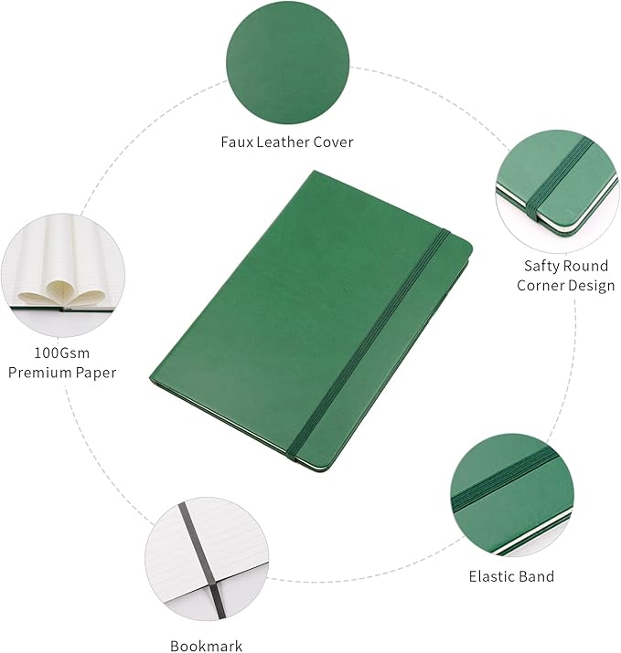 Deziliao Hardcover Notebook Journal 160 Pages, Lined Journal Notebooks for Work, 100Gsm Premium Thick Paper with Pocket, Medium 5.7"x8.4", Christmas Gift（Dark-Green, Ruled）