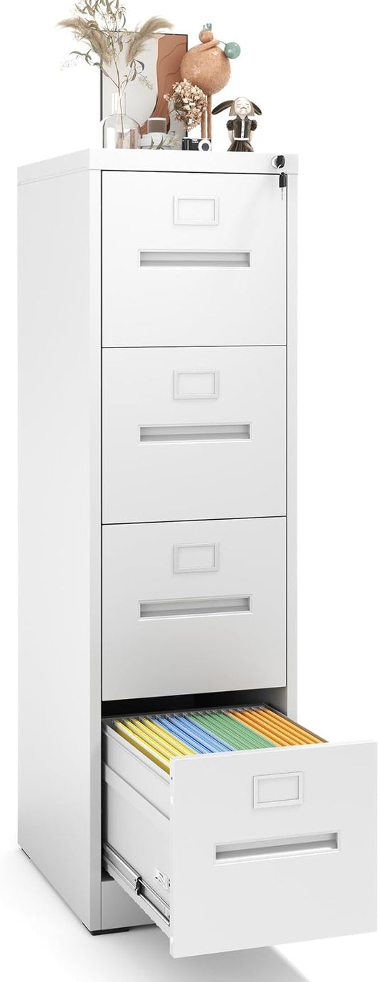 4 Drawer File Cabinet with Lock, Metal Vertical Filing Storage Cabinet for Home Office, Steel Vertical File Cabinets for A4 Legal/Letter Folders,Silent Sliding Drawers, Assembly Required (White)