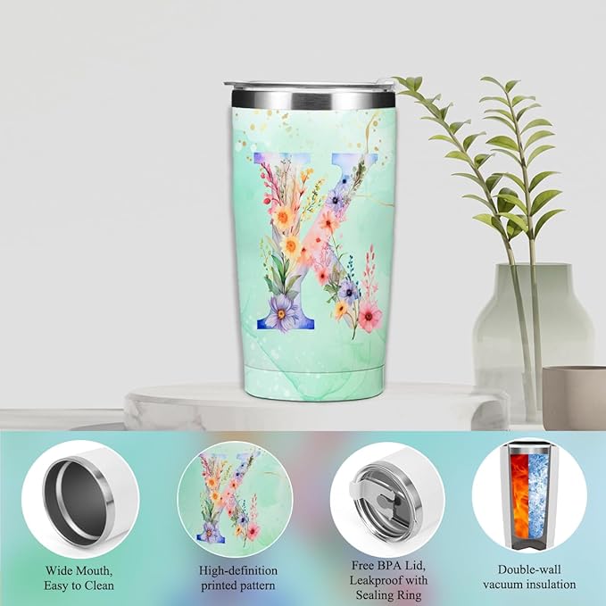 Personalized Gifts Monogrammed Birthday Gifts for Women, Soul Sister Bachelorette Party Wedding Christmas Initial 20 oz Tumbler, Makeup Bag Cup Pens Journal Notebook 6 Set, (Aesthetic Green Flower K)