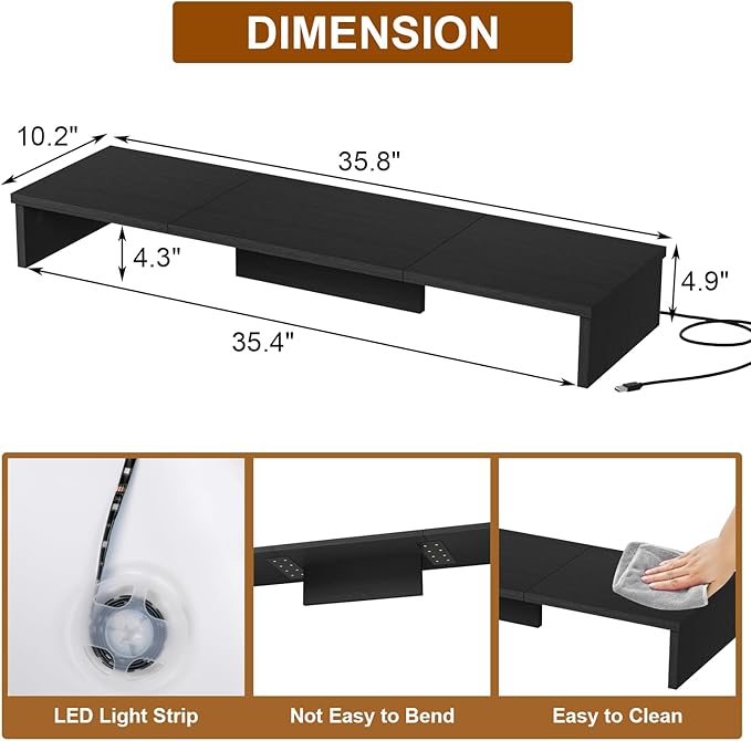 Dual Monitor Stand Riser for Desk with LED Lights, Large Computer Monitor Stand for 2 Monitors, Desk Shelf for Top of Desk, Desktop Organizer for Computer, Laptop, Printer, TV