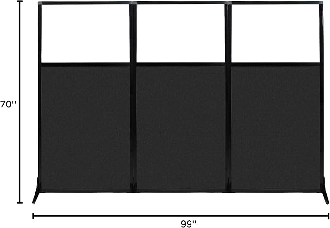 Versare Office Workstation Screen | Portable Wall Divider | Modern Cubicle | Freestanding Privacy Screen | Flexible Work Space | 3 Panels | 99" Wide x 70" Tall Black SoundSorb Panels with Window