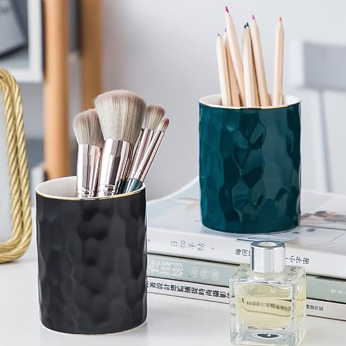 Ceramic Pen Holder Stand Cup Pencil Holder Organizer Makeup Brush Holders for Home Office Desk (Black)