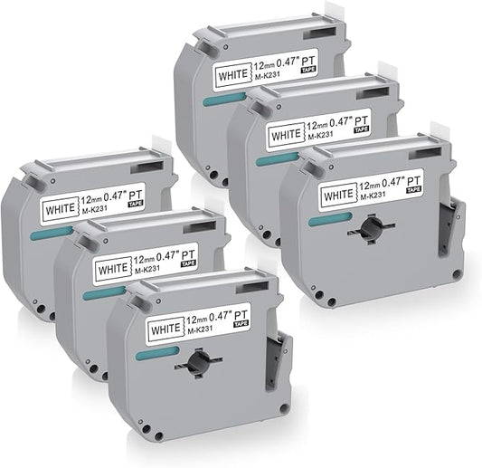 6 x Label Maker Tape Replacement for Brother P Touch M Tape M-K231 M-K231s MK231 MK-231 M231 12mm 0.47 White, Compatible with Brother P Touch PT-M95,PT-90,PT-70,PT-65,PT-85 Label Maker Refills,26.2 Ft