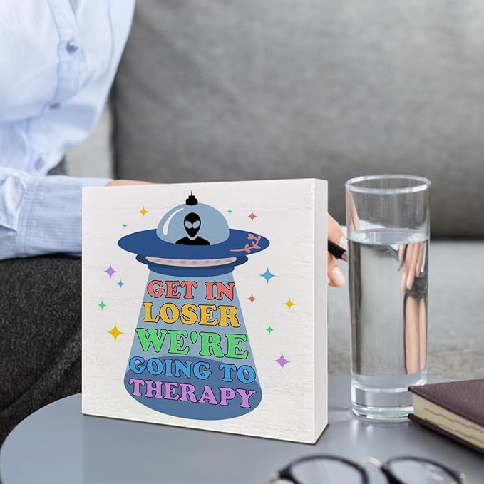 Therapy Office Desk Wooden Box Sign Decor, Funny Mental Health Wood Box Sign Decorations for School Psychologist Office, Gifts for Therapist Psychologist School Counselor, We're Going to Therapy