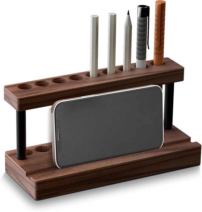 Pencil & Pen Holder for Desk, Solid Walnut Pen Display Stand with 9 Slots and Cell Phone Holder, Aesthetic Pen Organizer for Minimalist Office Desk Decor