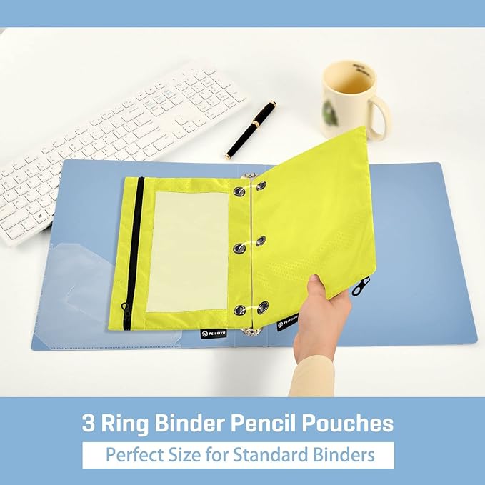 Gredecor Binder Pencil Pouch 3 Ring Lemon Yellow Zipper Pencil Pouches Case 2 Pack Clear Binder Organizer for School Office