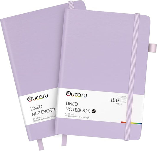 Oucaru Lined Journal Notebook, 2 Pack, 180 Pages, A5 Journals for Writing, 100 GSM Thick Paper, Small Notebooks Daily Journal for Women Men Work, Business, School, Travel Supplies