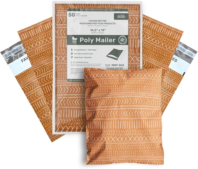 Poly Mailers 14.5x19 Inch 50 Pack Extra-Large Shipping Bags | Strong Thick Mailing Envelopes | Self-Adhesive | Waterproof & Tear Resistant | Small Business Packaging for Clothing - Boho Brown