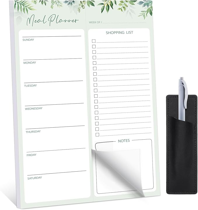 Meal Planner for fridge with Pen Holder, 60 Sheets 7x10'' Magnetic Meal Planner and Grocery List Undated Weekly Meal Planner with Tear off Shopping List for Meal Planning and Shopping, Green Leaf
