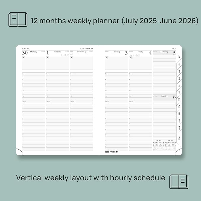 POPRUN Planner 2025-2026 (Medium - 6.5'' x 8.5'') Academic Weekly Calendar (July 2025 - June 2026) with Hourly Time Slots, Monthly Tabs, 100GSM Thick Papers, Leather Soft Cover - Purple
