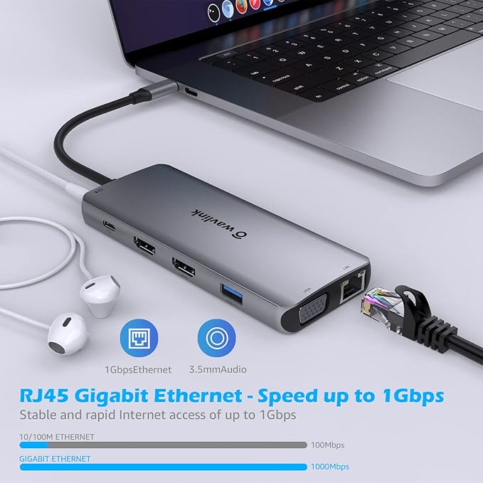 WAVLINK USB C Docking Station Dual Monitor for Dell HP Surface Lenovo MacBook Laptop, Triple Display USB-C Hub Multiport Adapter Dongle- 2 HDMI, VGA, Ethernet,100W PD, 5 USB, SD/TF Card Reader,Audio