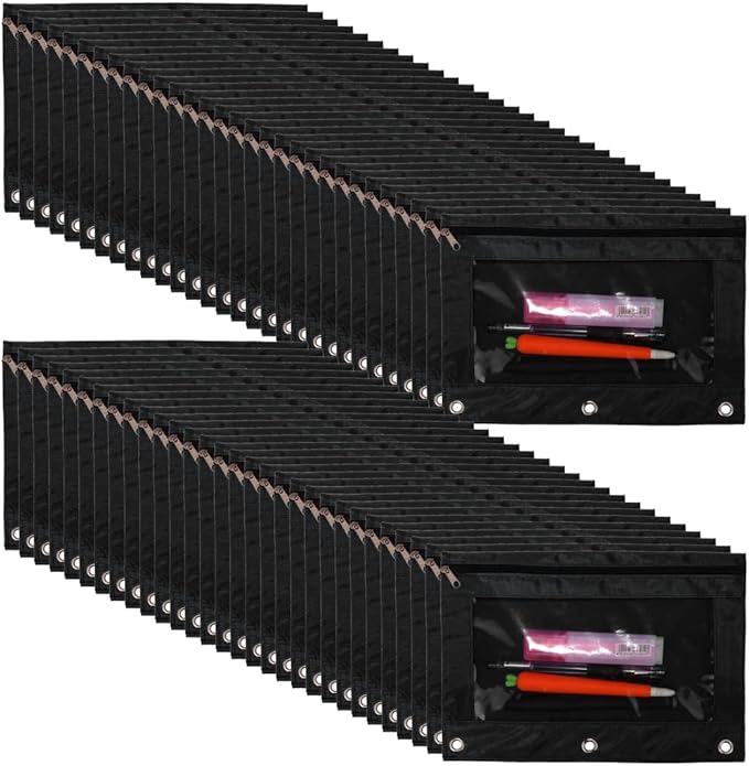 YoeeJob 60 Pack Zipper Pencil Pouch for 3 Ring Binder with Clear Window for School and Office Supplies (Black)