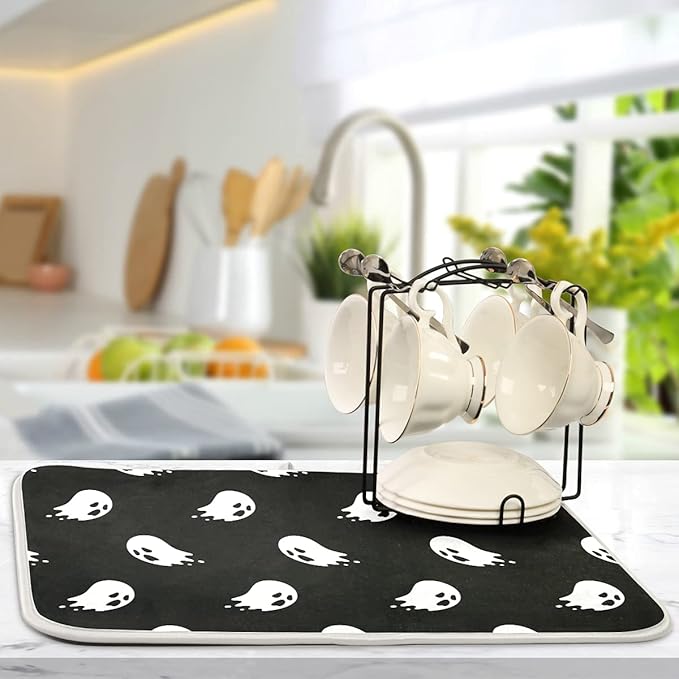 Halloween Spooky Ghost Dish Drying Mat for Kitchen Counter 18 x 24 Inch Absorbent Microfiber Dry Dishes Mats Drainer Mat Dish Drying Pad for Countertops Decor
