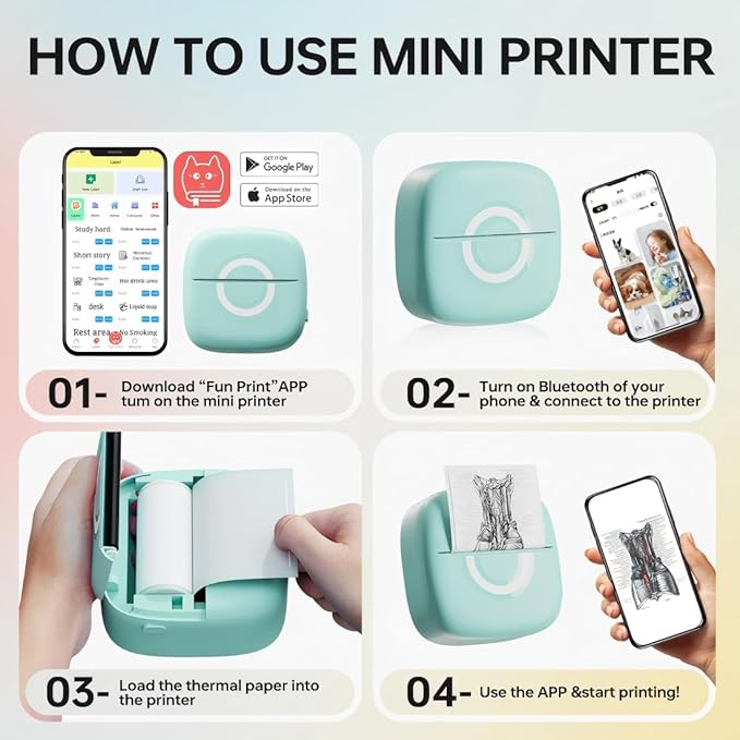 Mini Printer Sticker Thermal Printer with 3 Rolls Paper, Bluetooth Portable Phone Print Pods,Study Sticker Maker for Pictures, Photos, Journals, DIY, Compatible with Phone & Tablet