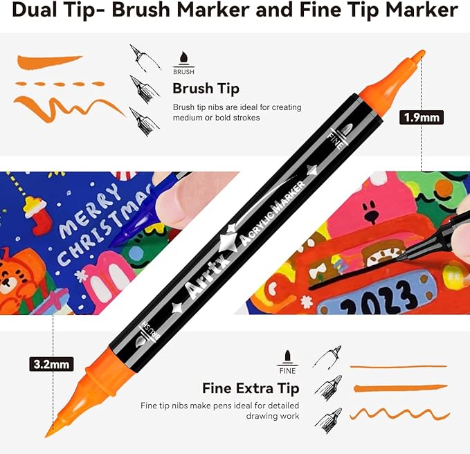 Arrtx Acrylic Paint Pens, 32 Colors Brush Tip and Fine Tip (Dual Tip) Paint Markers for Rock Painting, Water Based Acrylic Painting Supplies for Fabric Painting,Wood, Plastic, Canvas, Easter Egg