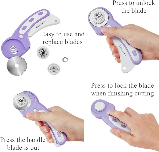 Headley Tools Rotary Cutter Set - 45mm Fabric Cutter, 5 Extra Rotary Blades, A3 Cutting Mat, Quilting Ruler and Sewing Clips, Craft Knife Set, Ideal for Crafting, Sewing, Patchworking, Purple