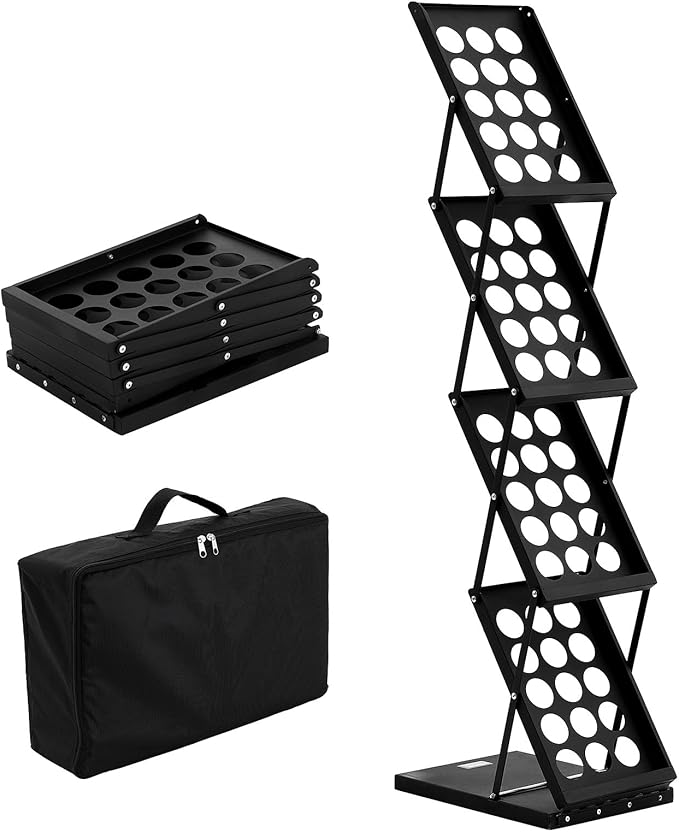 VEVOR Foldable Magazine Display Rack, 4-Tier Brochure Literature Display Stand, Portable Catalog Brochure Holder Stand with Carrying Bag for Office Trade Show Exhibitions, 4 Pockets