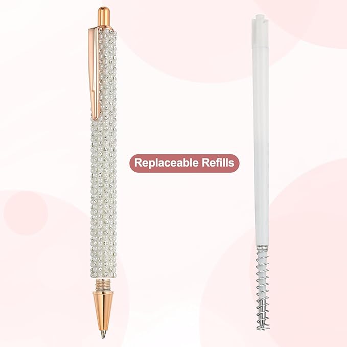 PATIKIL Rhinestone Metal Ballpoint Pen, 4 Pack Crystal Pearl Pens Black Ink 1.0mm Point Sparkly for Women Gift Office Note Taking Journaling, White