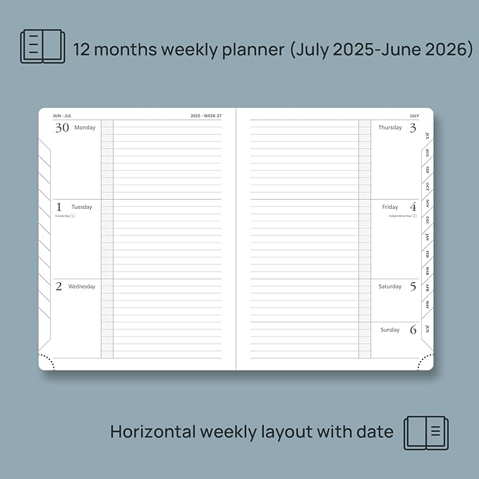 POPRUN Planner 2025-2026 (Medium 6.75''x 8.75''), Horizontal Weekly Notebook Jul.2025 - Jun.2026, Academic Appointment Book with Monthly Tabs, Leather Hardcover, Inner Pocket, 100 GSM - Navy Blue
